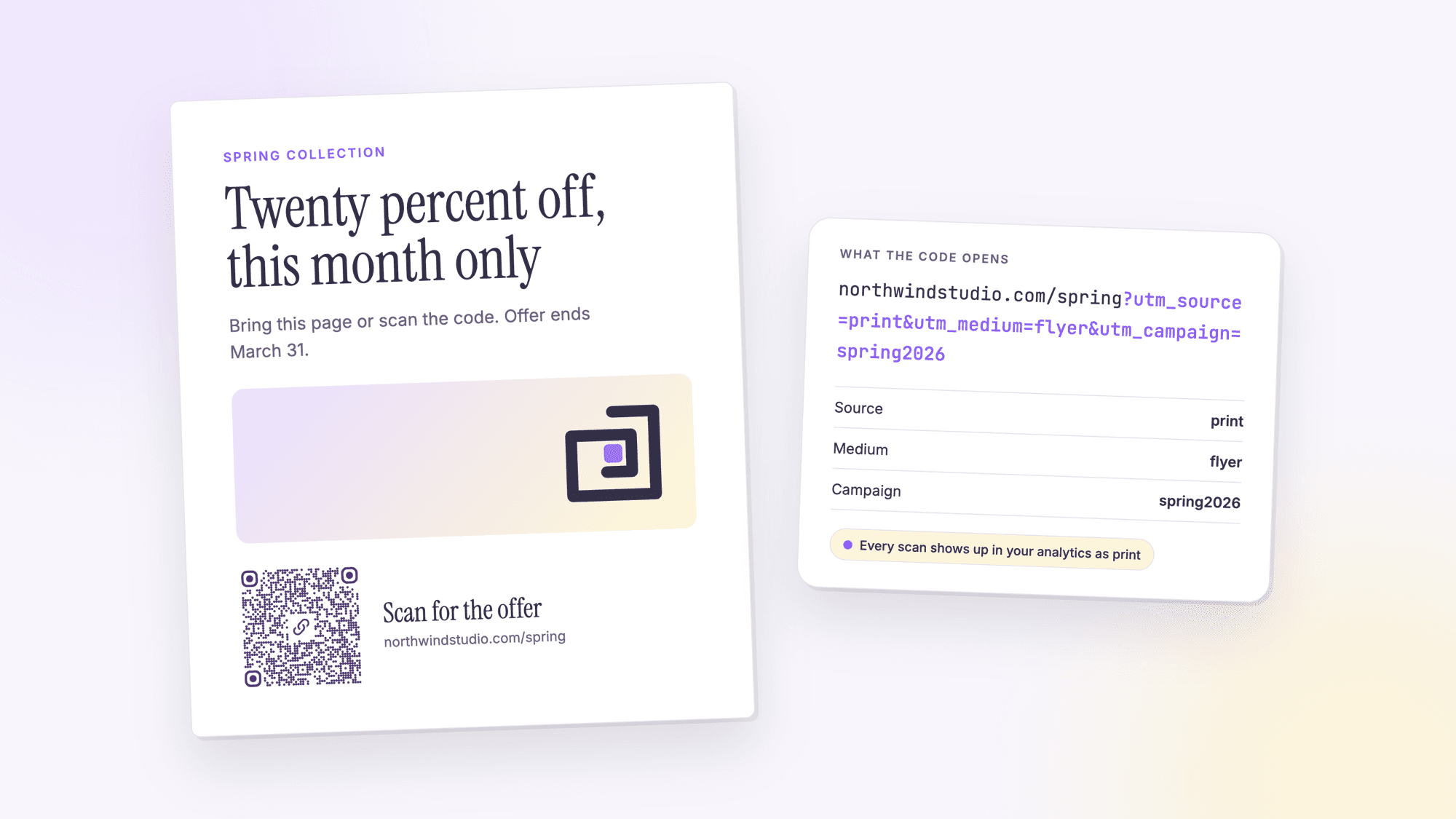 A printed spring sale ad with a URL QR code labeled scan for the offer, beside a card showing the tracked link with utm_source print, utm_medium flyer and utm_campaign spring2026