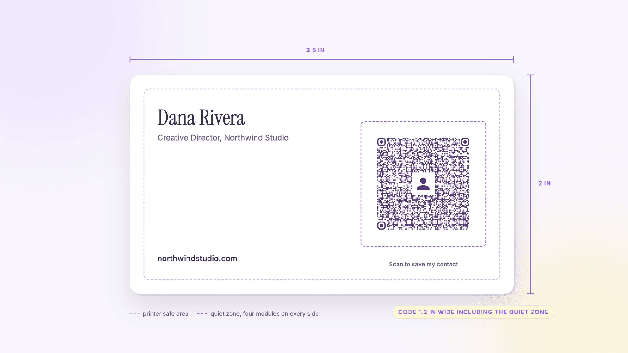 A 3.5 by 2 inch business card diagram with dimension lines, the printer safe area dashed, and a vCard QR code in the lower right inside a dashed quiet zone marked 1.2 inches wide
