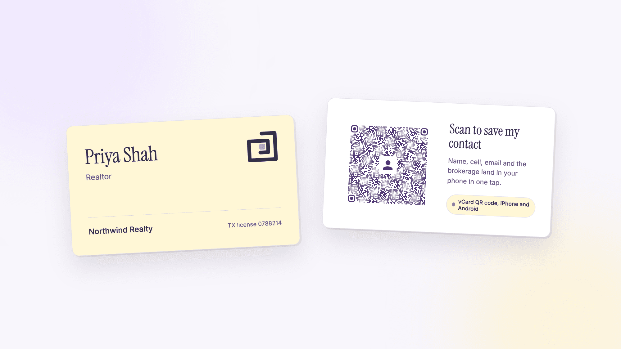 A two-sided business card for Priya Shah, Realtor at Northwind Realty, the back carrying a vCard QR code beside the words scan to save my contact