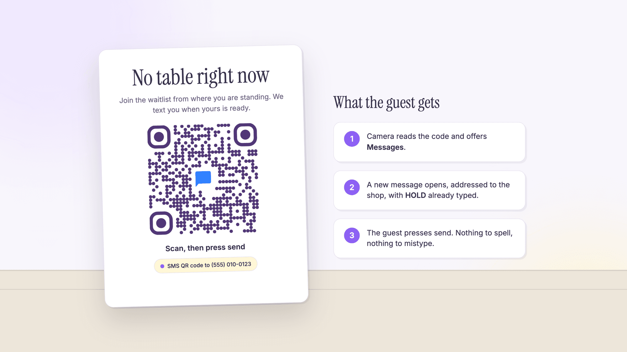 A counter sign standing on a wooden counter, headed No table right now, reading join the waitlist from where you are standing, with an SMS QR code, the line Scan then press send, and a badge reading SMS QR code to (555) 010-0123. Beside it three numbered cards explain that the camera offers Messages, a new message opens with HOLD already typed, and the guest presses send.