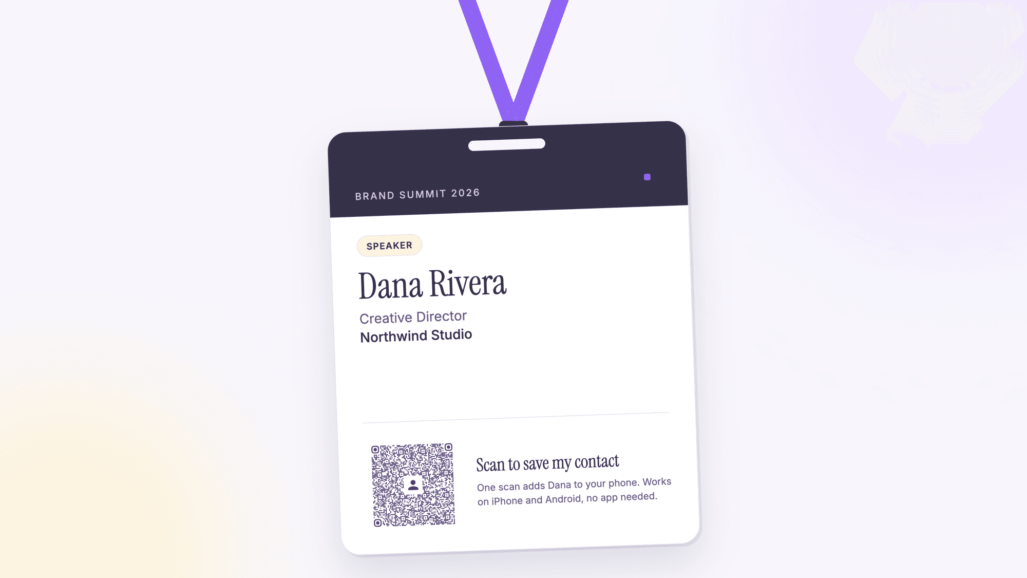 A conference badge on a violet lanyard for Dana Rivera, Creative Director at Northwind Studio, with a speaker tag and a vCard QR code beside the words scan to save my contact