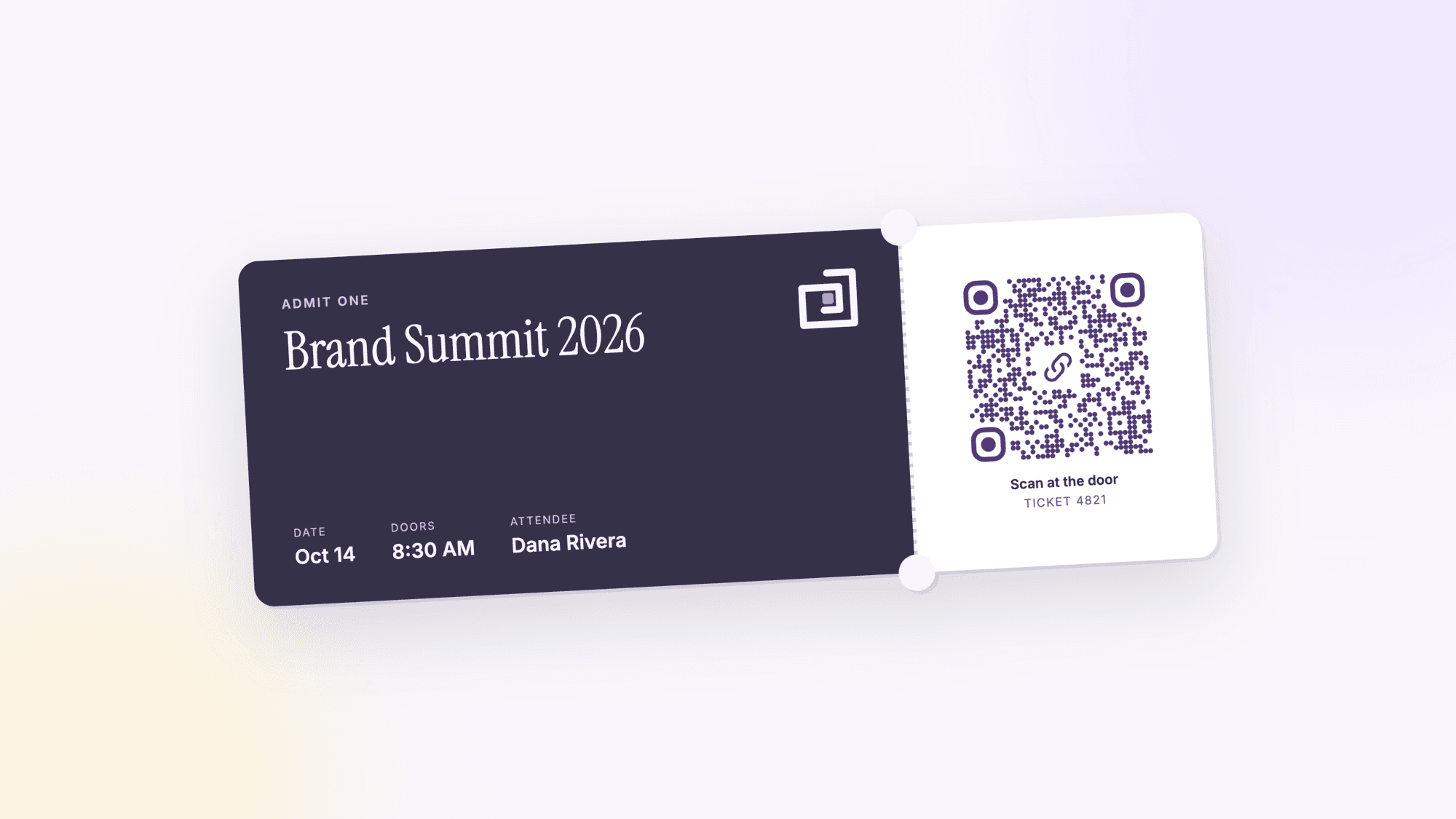 An event ticket for Brand Summit 2026 with the date, doors time and attendee name on the dark main part and a URL QR code on the tear-off stub labeled scan at the door