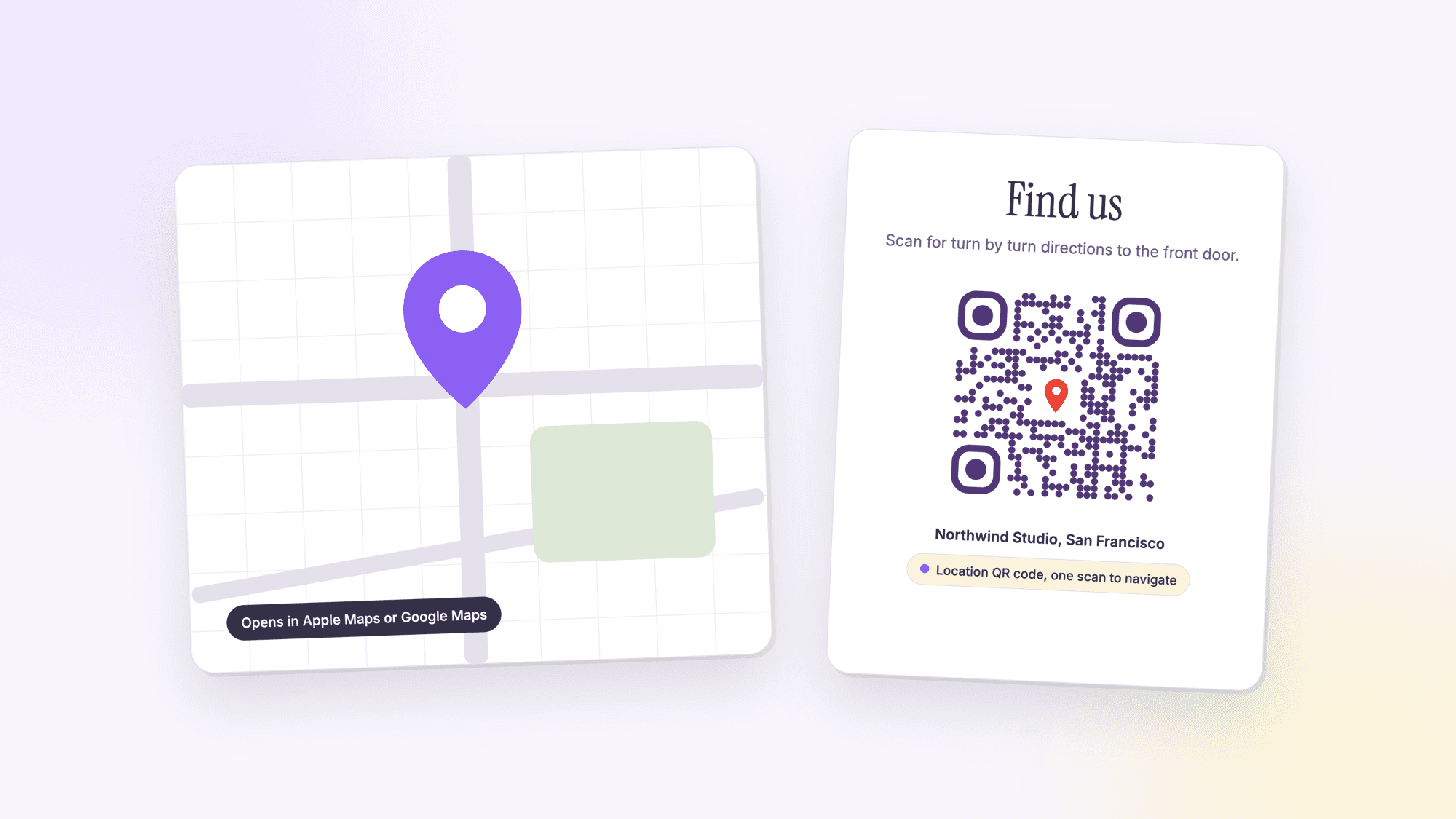A stylized map with a violet location pin beside a find us sign carrying a location QR code, the words scan for turn by turn directions and the address Northwind Studio, San Francisco