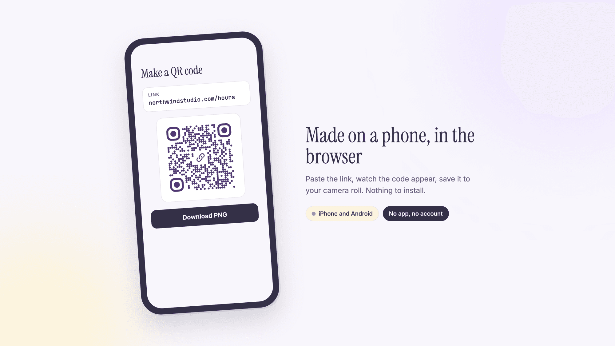 A phone showing a link field with northwindstudio.com/hours, the URL QR code made from it and a download button, beside the words made on a phone, in the browser