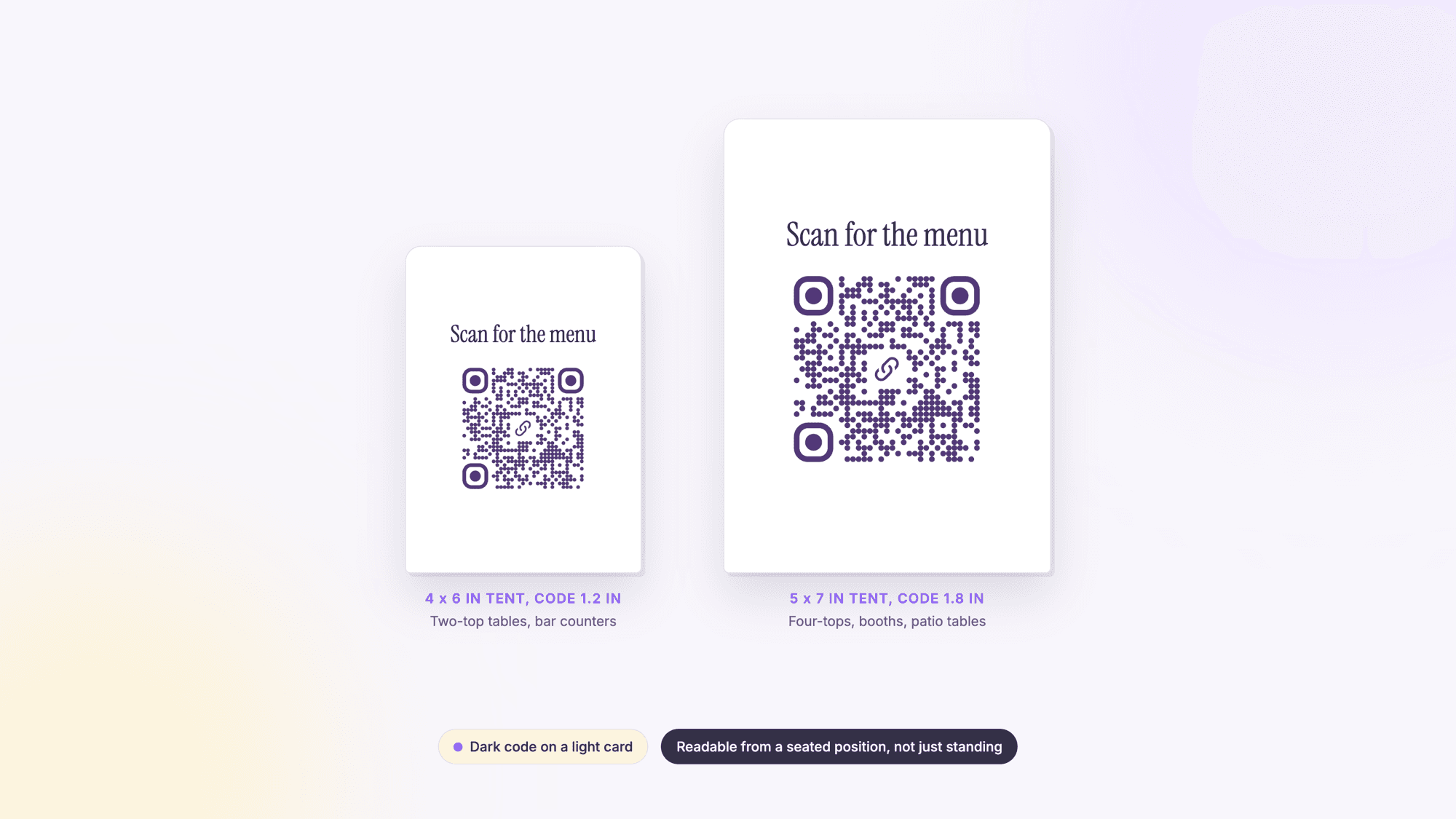 Two table tent cards side by side, a 4 by 6 inch tent with a 1.2 inch QR code and a 5 by 7 inch tent with a 1.8 inch code, labeled for two-top tables and four-tops