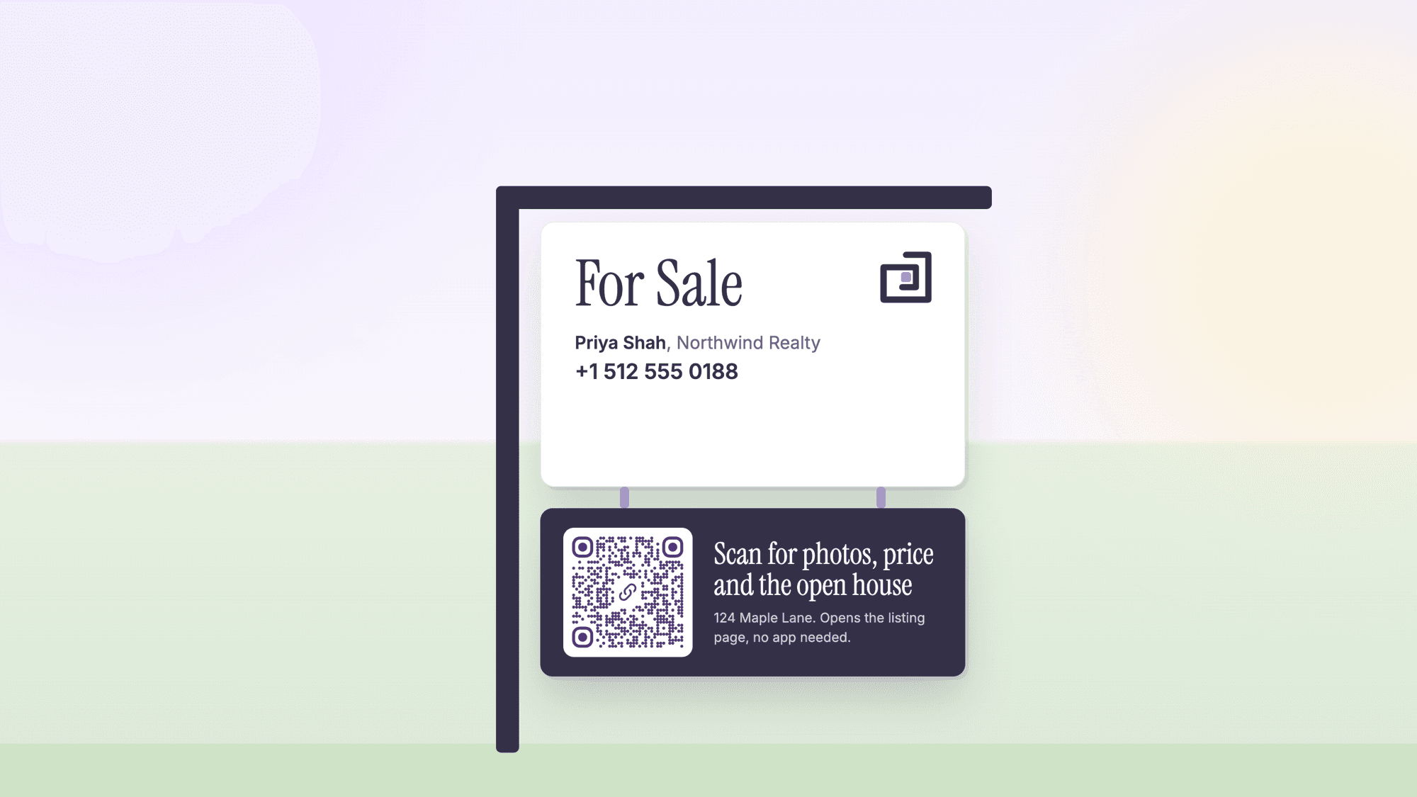 A for sale yard sign for Northwind Realty with a hanging rider that carries a URL QR code and reads scan for photos, price and the open house