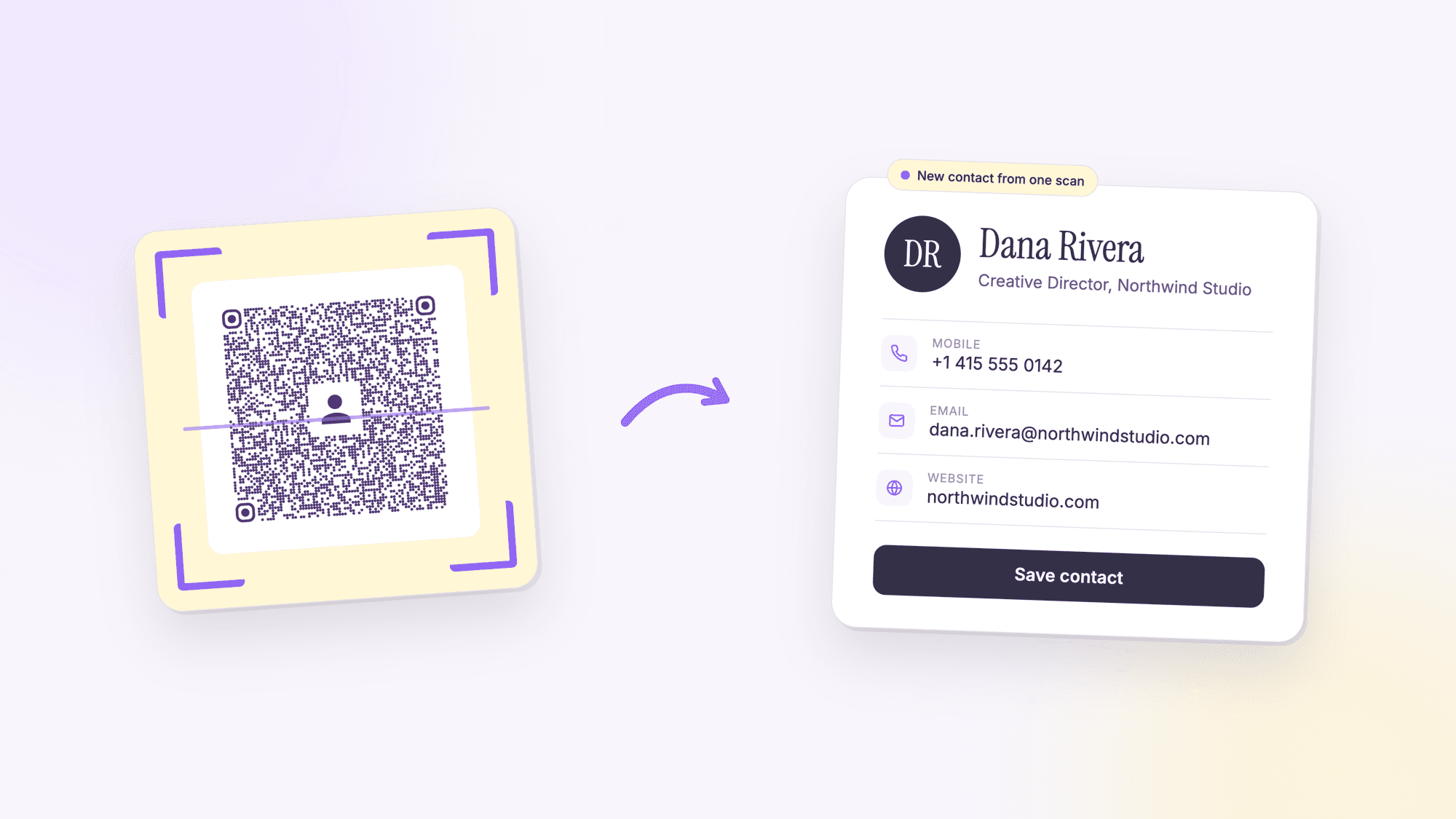 A vCard QR code on a cream card inside a violet scanner frame, with an arrow to the saved contact card for Dana Rivera, Creative Director at Northwind Studio, listing her mobile number, email and website above a Save contact button