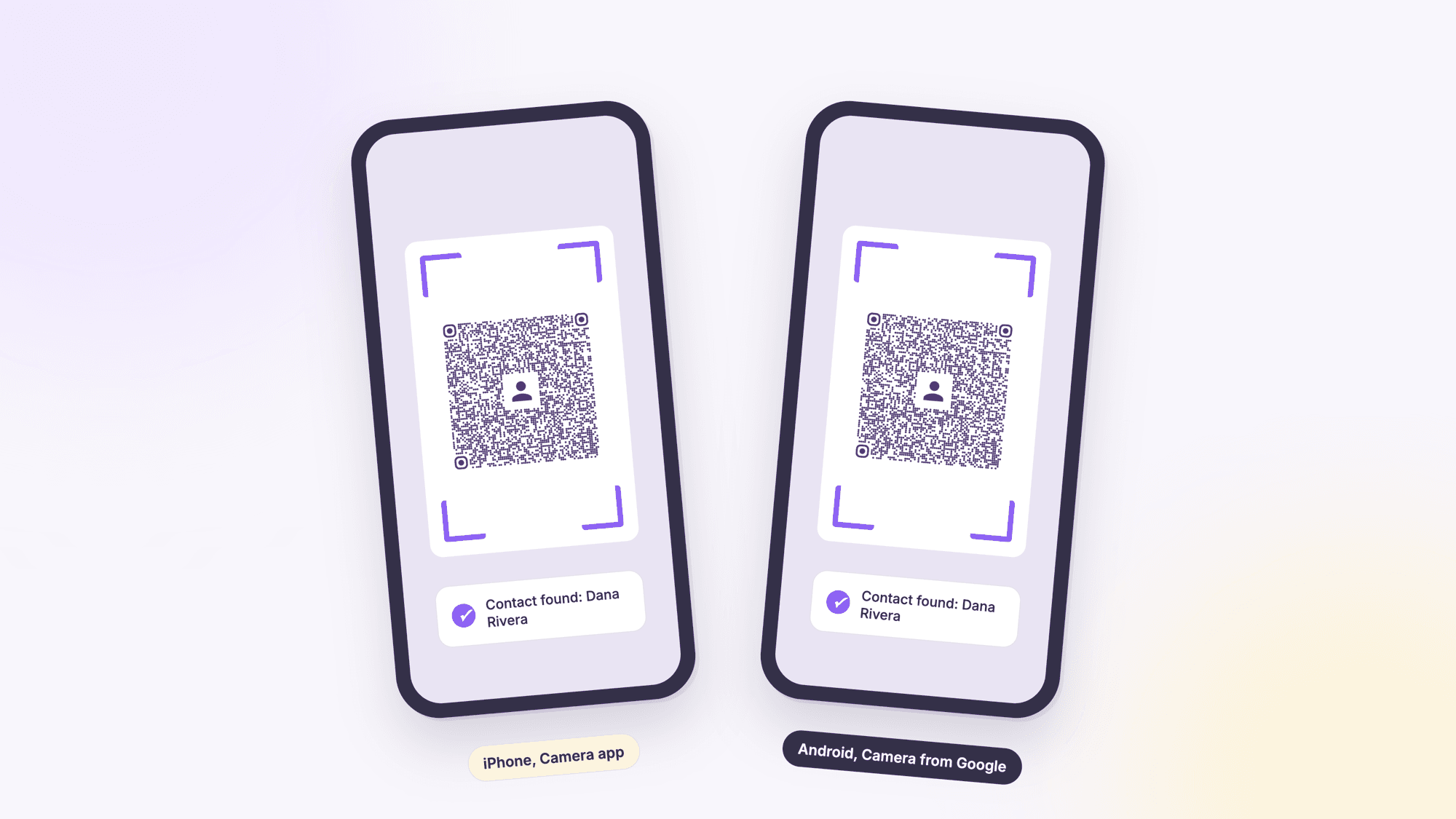 Two phones side by side, each with the same vCard QR code inside a camera frame and a contact found notice, labeled iPhone, Camera app and Android, Camera from Google
