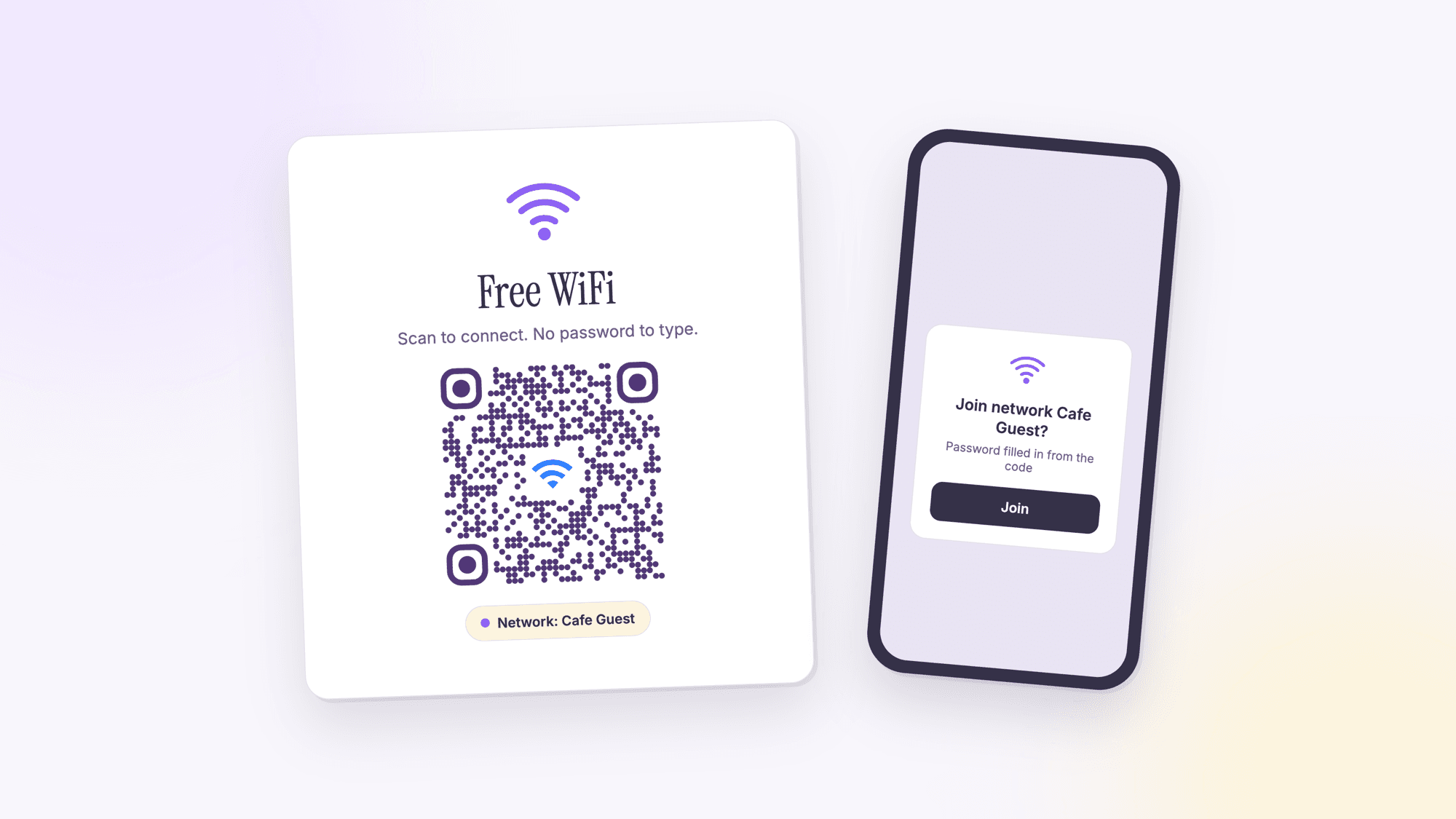 A free WiFi card reading scan to connect with a WiFi QR code and the network name Cafe Guest, beside a phone showing a join network prompt
